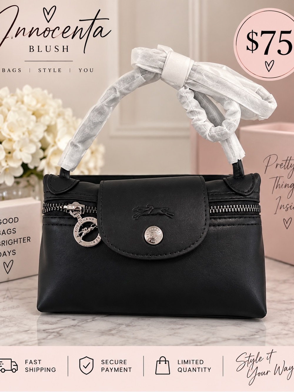 Black Leather Mini Top-Handle Bag